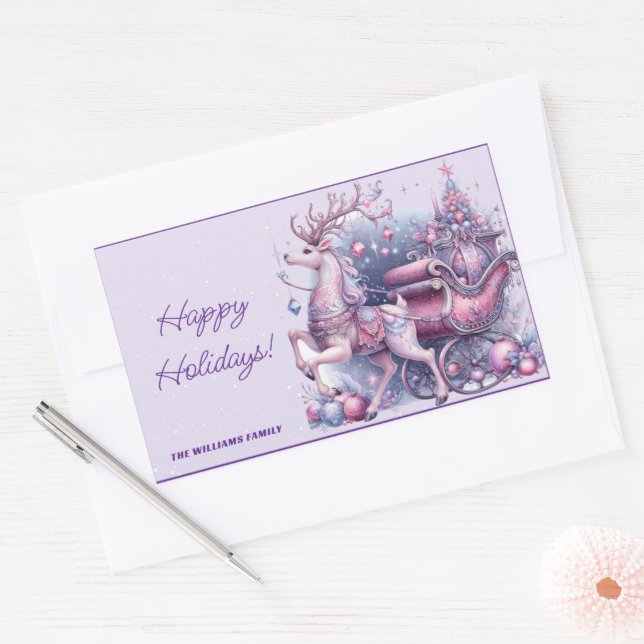 Whimsical Purple Christmas Reindeer Rectangular Sticker (Envelope)
