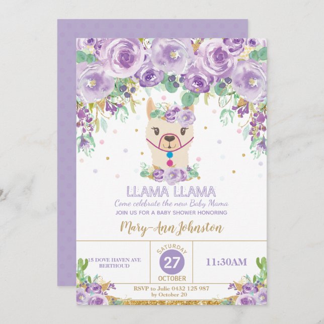 Whimsical Purple Floral Llama Mama Baby Shower Invitation (Front/Back)