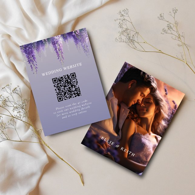 Whimsical Purple Floral QR code Photo Wedding Enclosure Card (Creator Uploaded)