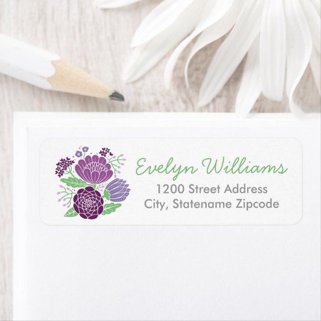 Whimsical Purple Floral Wedding Return Address Label (Insitu)