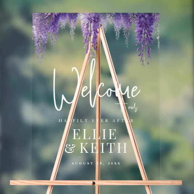 Whimsical Purple Floral Wedding Welcome Acrylic Sign (Neutral)