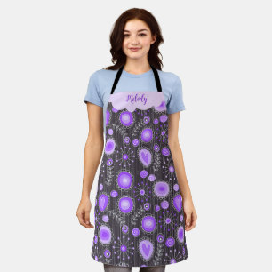 Whimsical purple grey heart and flower floral name apron