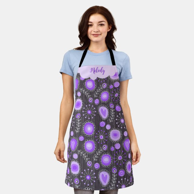 Whimsical purple grey heart and flower floral name apron (Worn)