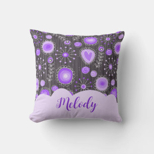 Whimsical purple grey heart and flower floral name cushion