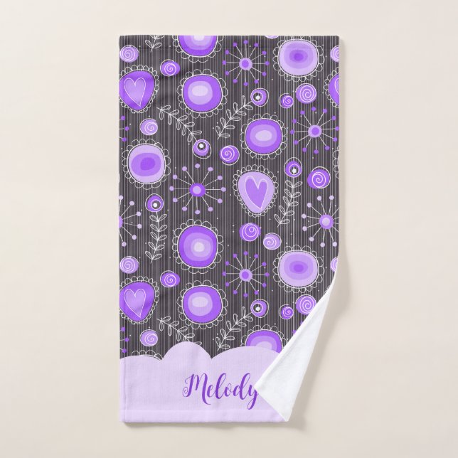 Whimsical purple grey heart and flower floral name hand towel (Hand Towel)