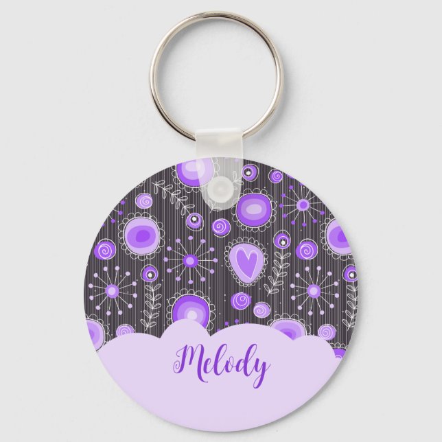 Whimsical purple grey heart and flower floral name key ring (Front)