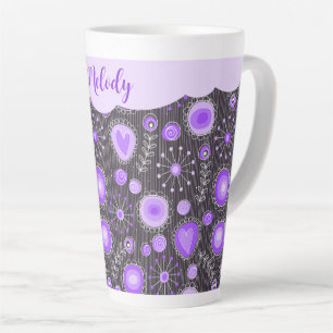 Whimsical purple grey heart and flower floral name latte mug