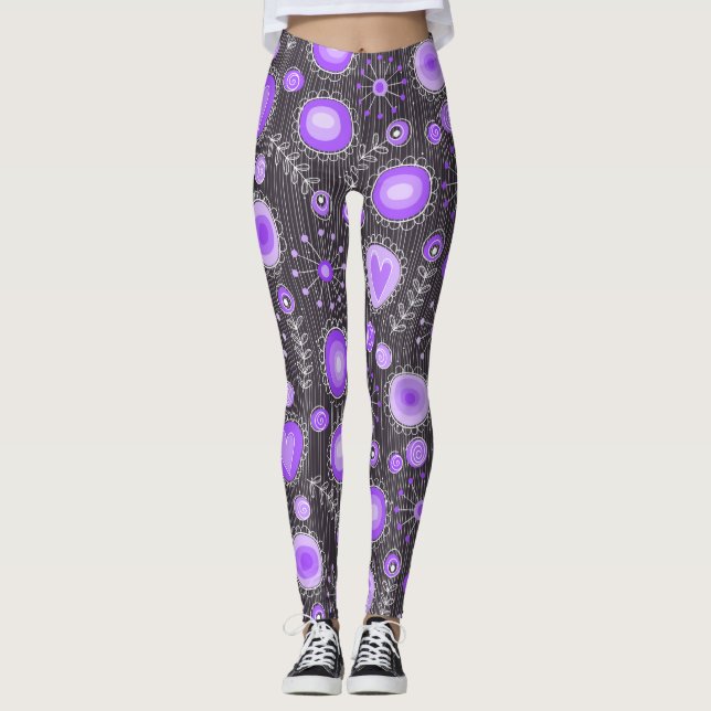 Whimsical purple grey heart and flower floral name leggings (Front)