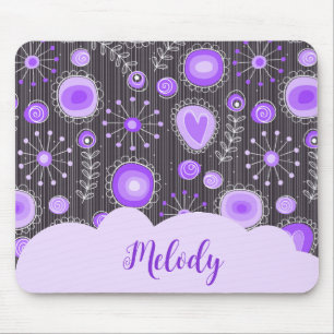 Whimsical purple grey heart and flower floral name mouse pad