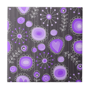 Whimsical purple grey hearts and flowers floral ceramic tile