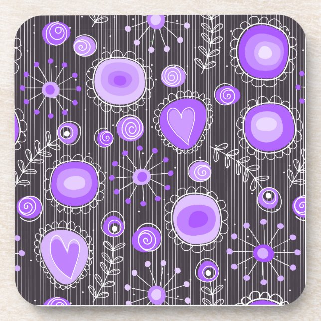 Whimsical purple grey hearts and flowers floral coaster (Front)