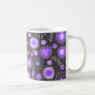 Whimsical purple grey hearts and flowers floral coffee mug