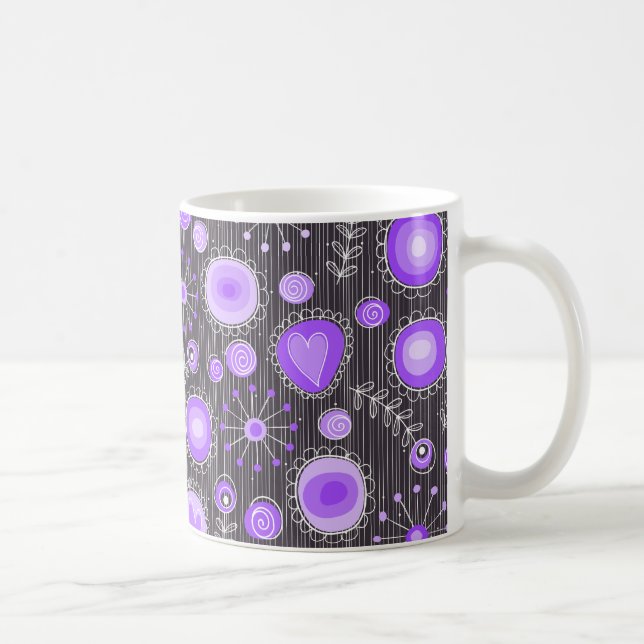 Whimsical purple grey hearts and flowers floral coffee mug (Right)