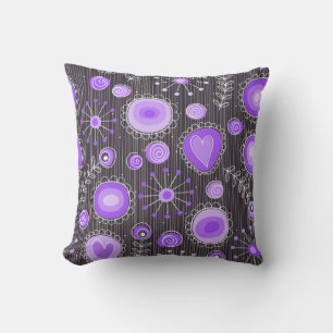 Whimsical purple grey hearts and flowers floral cushion