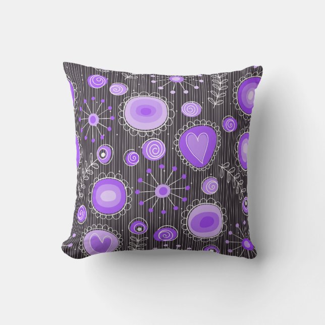 Whimsical purple grey hearts and flowers floral cushion (Front)