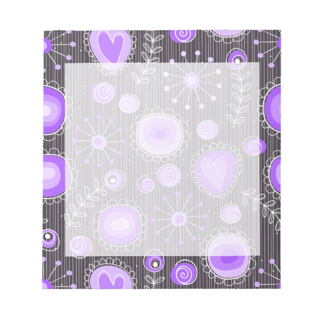 Whimsical purple grey hearts and flowers floral notepad (Front)