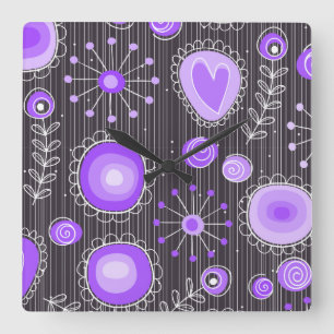 Whimsical purple grey hearts and flowers floral square wall clock