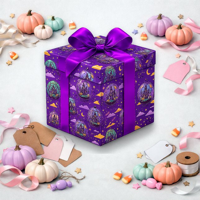 Whimsical Purple Haunted House Halloween Pattern Wrapping Paper (Creator Uploaded)