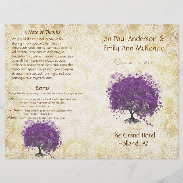 Whimsical Purple Heart Leaf Tree Wedding Program (Front)