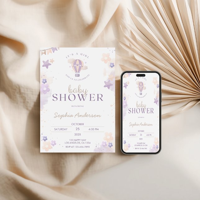 Whimsical Purple Hot Air Balloon Girl Baby Shower  Invitation (Creator Uploaded)