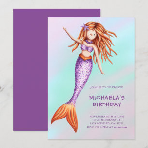 Whimsical Purple Mermaid Birthday Party Invitation