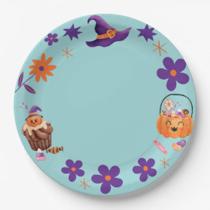 Whimsical Purple Orange Kids Halloween Party Paper Plate