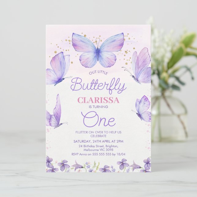Whimsical Purple Our Little Butterfly 1st Birthday Invitation (Standing Front)