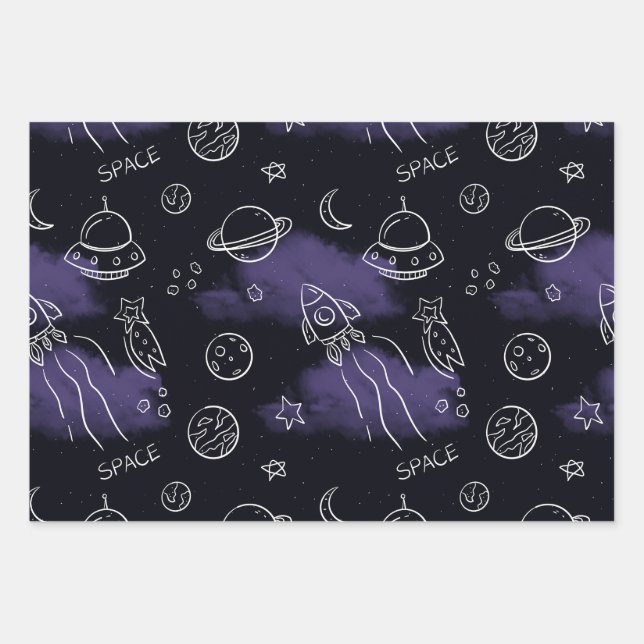 Whimsical Purple Outer Space Seamless Pattern Wrapping Paper Sheet (Front)