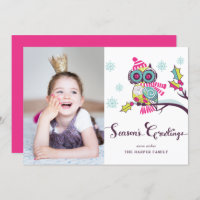 Whimsical Purple Owl and Snowflakes Holiday Photo
