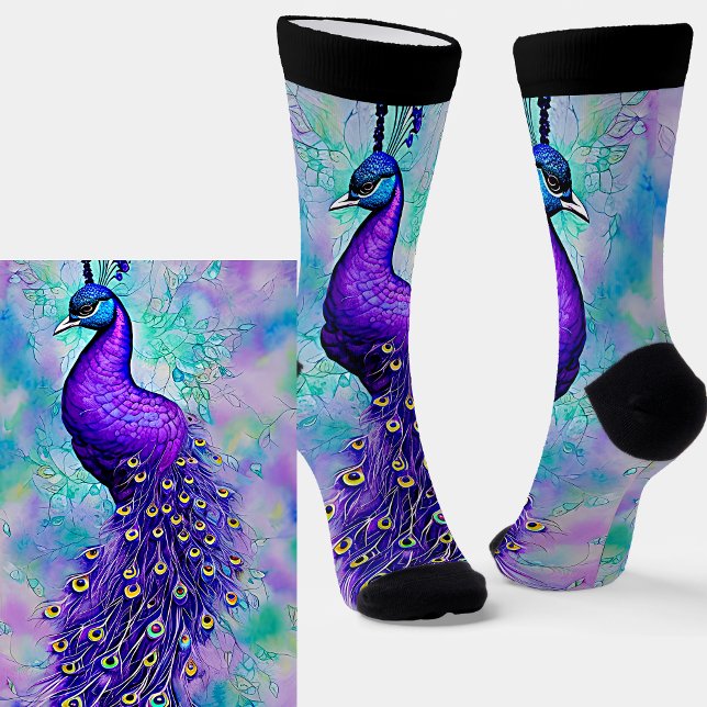 Whimsical Purple Peacock with Tail Feathers Socks (Creator Uploaded)