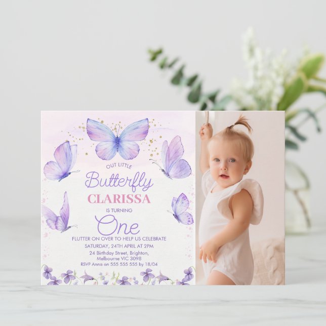 Whimsical Purple Photo Butterfly 1st Birthday  Invitation (Standing Front)