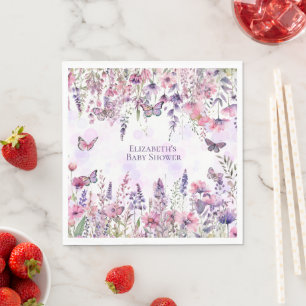 Whimsical Purple Pink Butterflies & Wildflowers Napkin