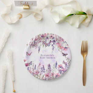 Whimsical Purple Pink Butterflies & Wildflowers Paper Plate
