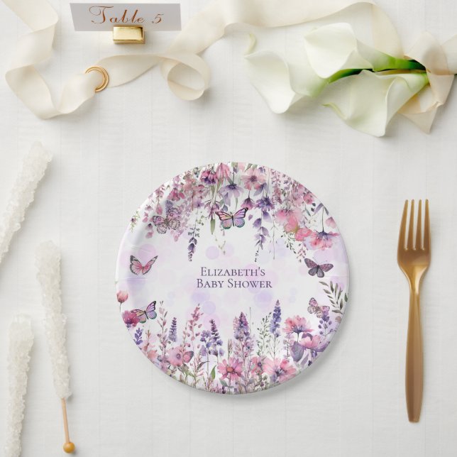 Whimsical Purple Pink Butterflies & Wildflowers Paper Plate (Wedding)