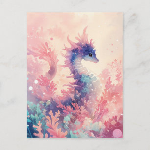 Whimsical Purple Seahorse in Pink Coral Postcard