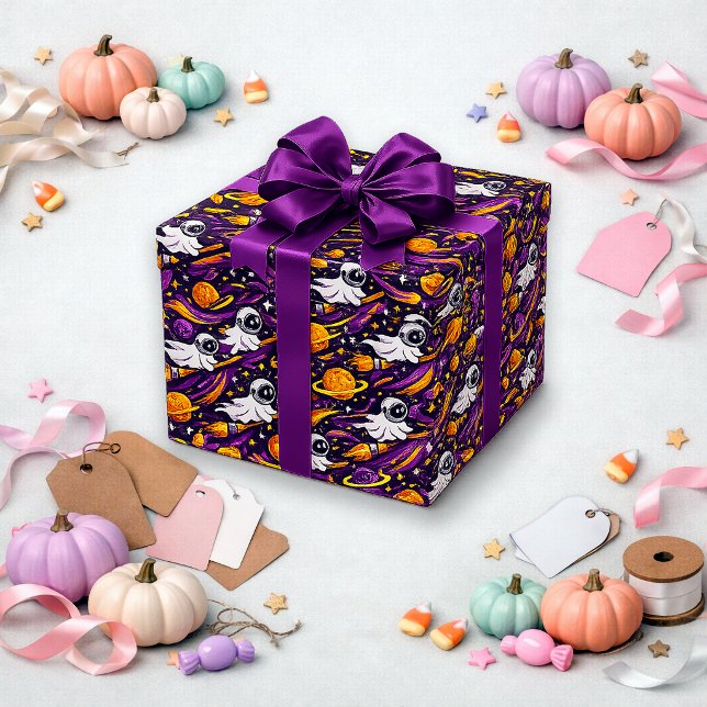 Whimsical Purple Space Ghost Pattern Wrapping Paper (Creator Uploaded)