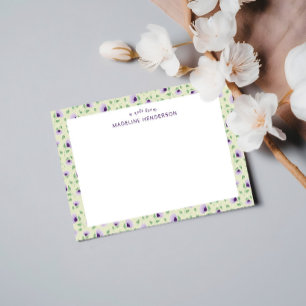 Whimsical Purple Sunflowers Light Green Monogram Card