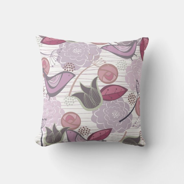 Whimsical Purple Sweet Birds Floral Garden Cushion (Front)