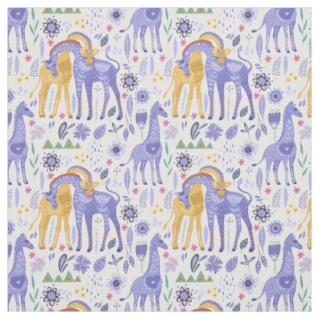 Whimsical Purple Teal Yellow Giraffes Monogram Fabric (Swatch)