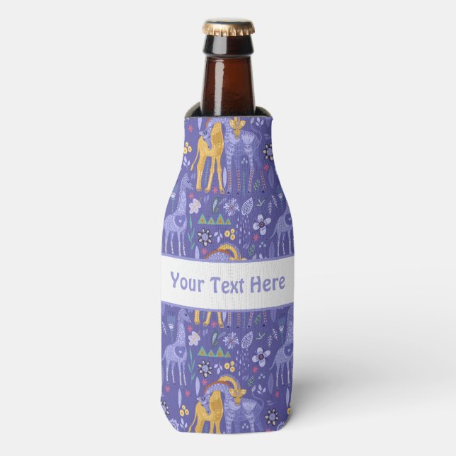 Whimsical Purple Teal Yellow Giraffes Pattern Bottle Cooler (Bottle Front)