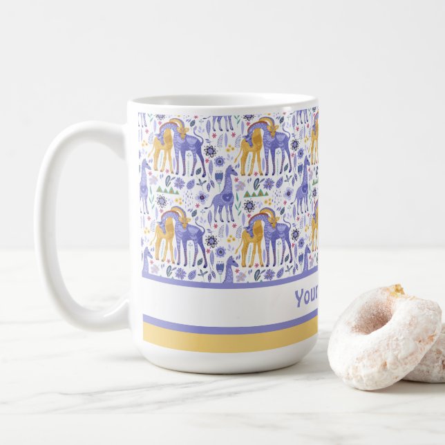 Whimsical Purple Teal Yellow Giraffes Pattern Coffee Mug (With Donut)