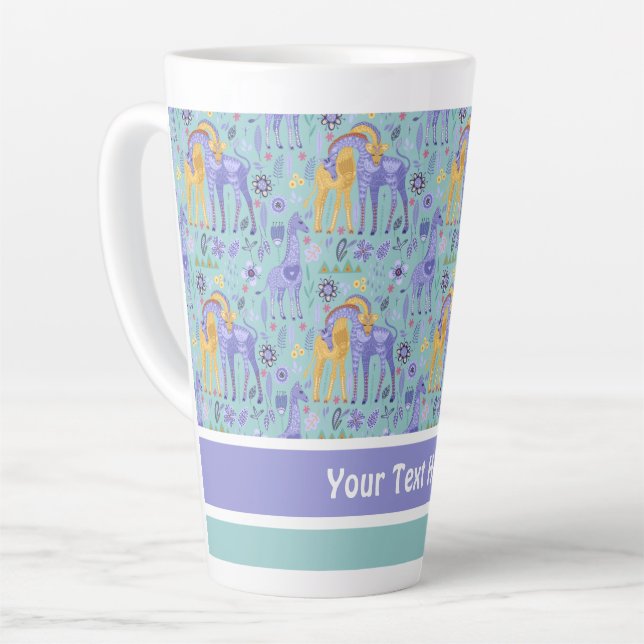 Whimsical Purple Teal Yellow Giraffes Pattern Latte Mug (Left Angle)