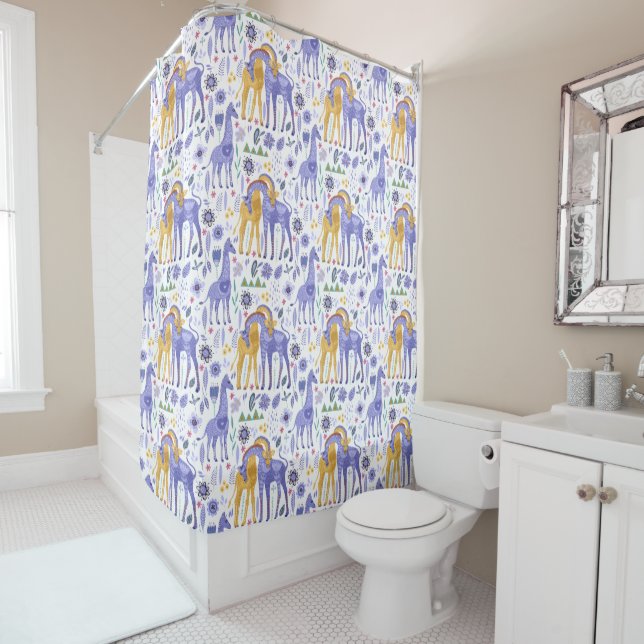 Whimsical Purple Teal Yellow Giraffes Pattern Shower Curtain (In Situ)