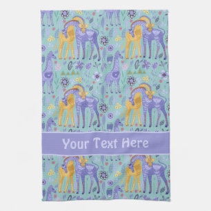Whimsical Purple Teal Yellow Giraffes Pattern Tea Towel