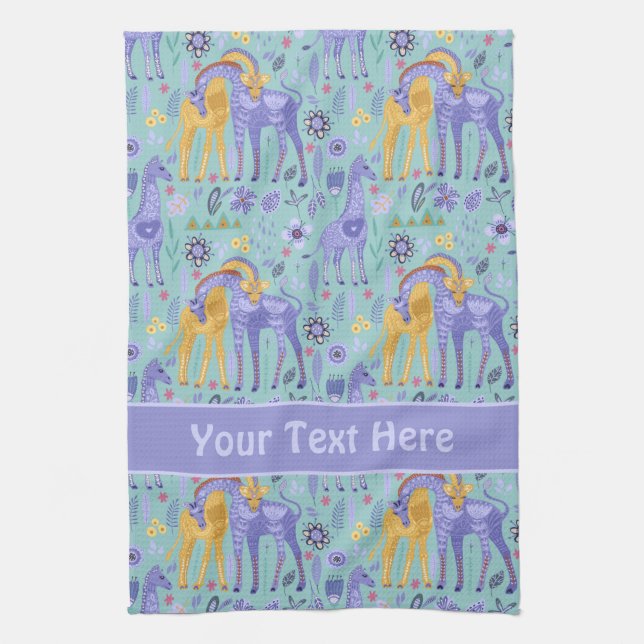 Whimsical Purple Teal Yellow Giraffes Pattern Tea Towel (Vertical)
