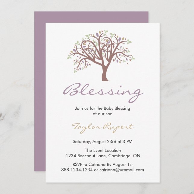 Whimsical Purple Tree Baby Blessing Invitation (Front/Back)