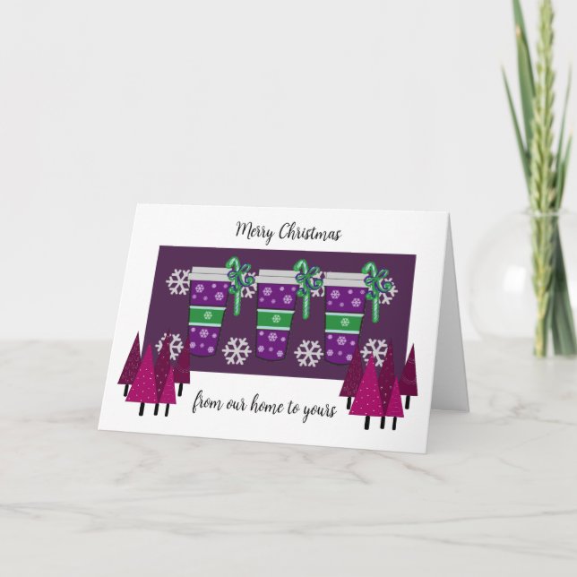 Whimsical Purple Trees and Coffee Holiday Card (Front)