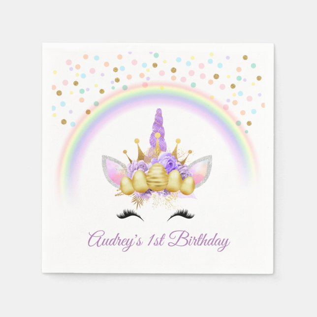 Whimsical Purple Unicorn Birthday Party Favour Napkin (Front)
