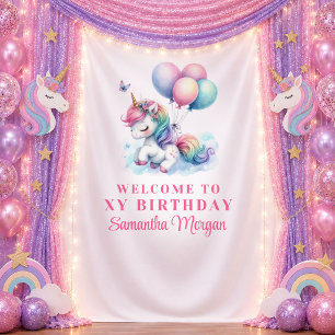 Whimsical Purple Unicorn Girl Birthday Banner Tapestry