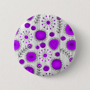 Whimsical purple white hearts and flowers floral 6 cm round badge